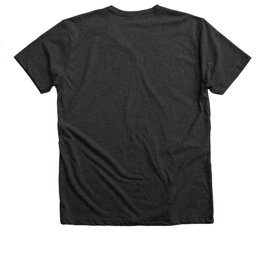 Never Stop Exploring V-Neck, a Dark Grey Heather Premium V-Neck Tee (back-view)