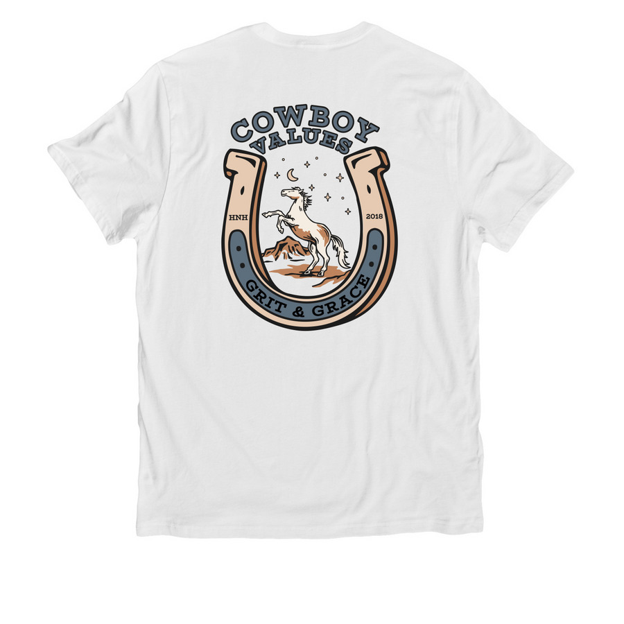 COWBOY VALUES, a Bright White Allmade Organic Cotton Unisex Tee (back-view)