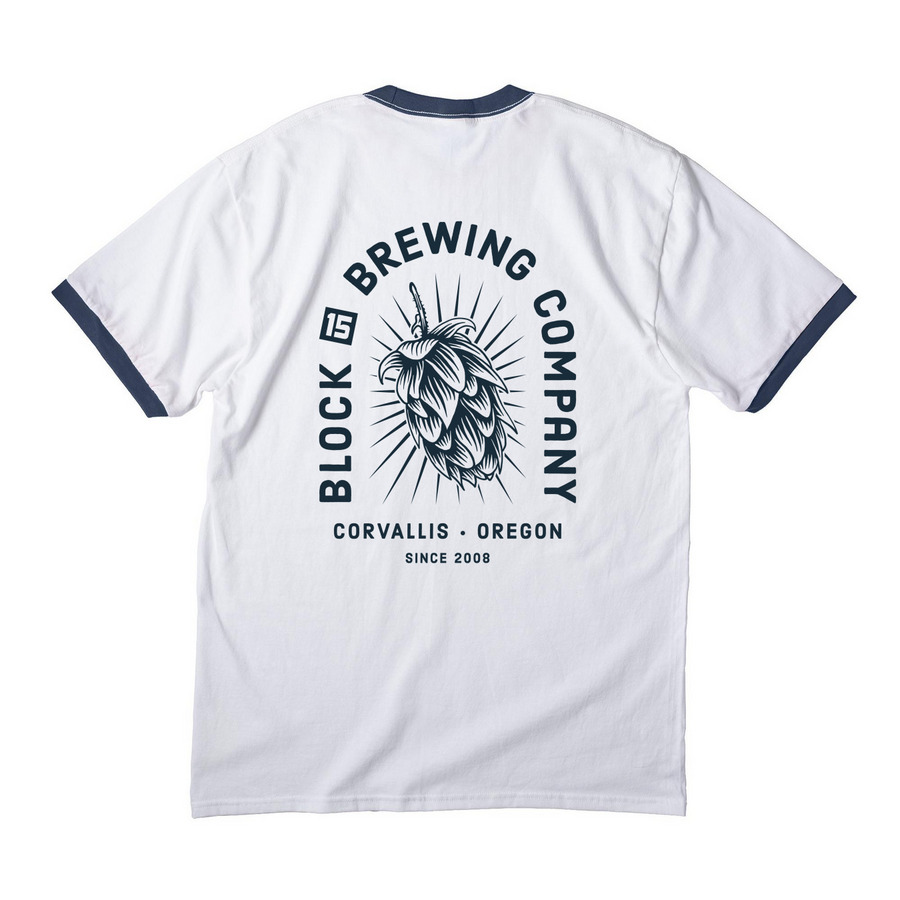 The Hop Collection ? Dark Logo, a White/ Navy Cotton Ringer Tee (back-view)