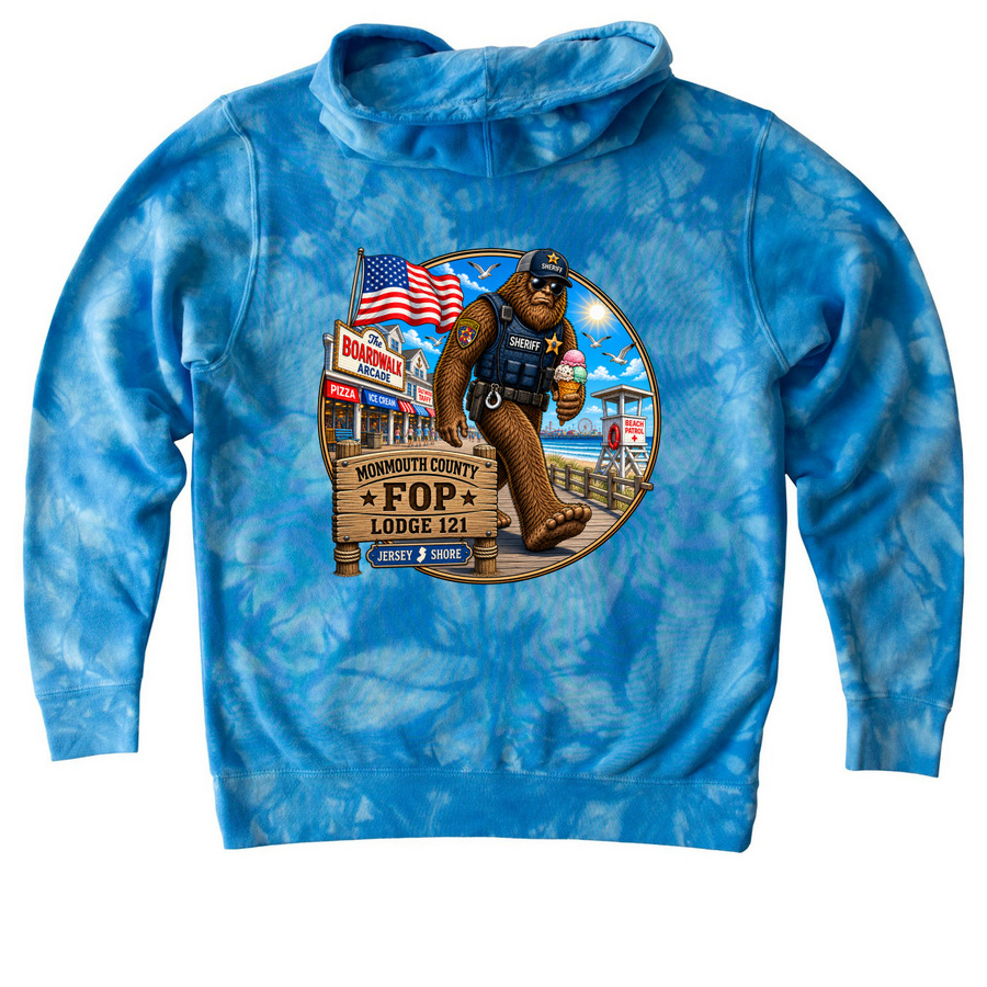 Boardwalk Bigfoot, a Aqua Blue Youth Tie Dye Pullover Hoodie (back-view)