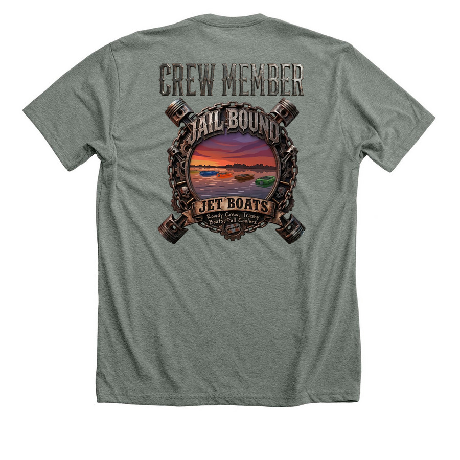 JAIL BOUND JET BOATS, a Deep Heather Premium Unisex Tee (back-view)