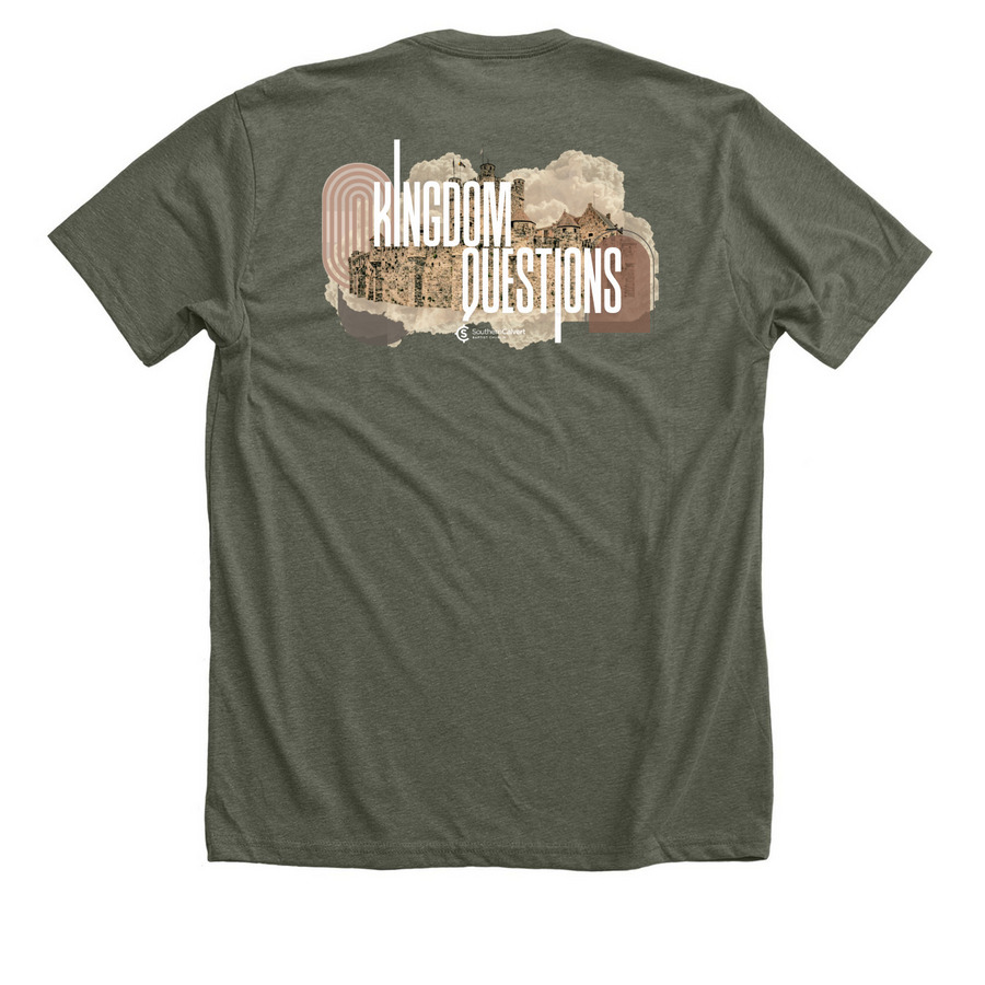 Kingdom Questions, a Heather Military Green Premium Unisex Tee (back-view)