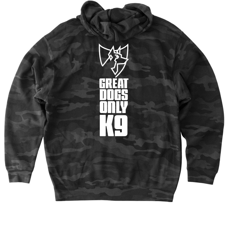 GDO K9 Hoodie, a Black Camo Heavyweight Camo Pullover Hoodie (back-view)