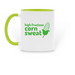 High Fructose Corn Sweat Emoji Mug, a Green Two-Tone Ceramic Mug (back-view)