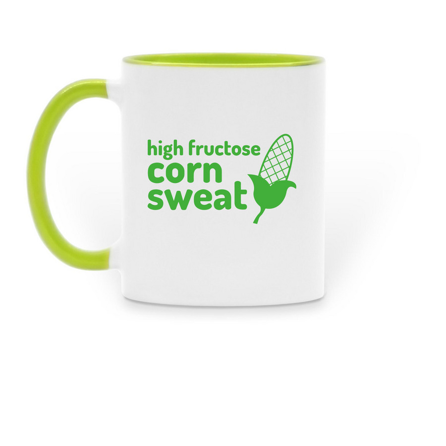 High Fructose Corn Sweat Emoji Mug, a Green Two-Tone Ceramic Mug (back-view)