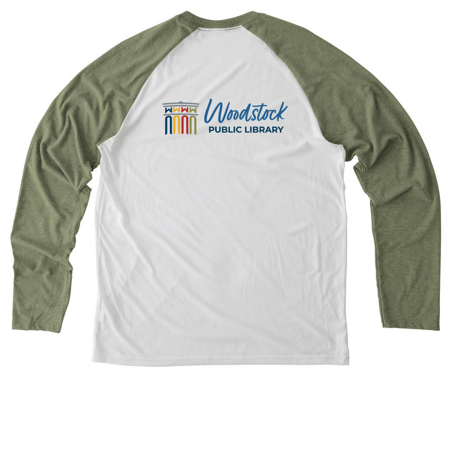 Book Dragons, a Olive You Green/ Bright White Allmade Eco Triblend Colorblock Raglan Long Sleeve Tee (back-view)