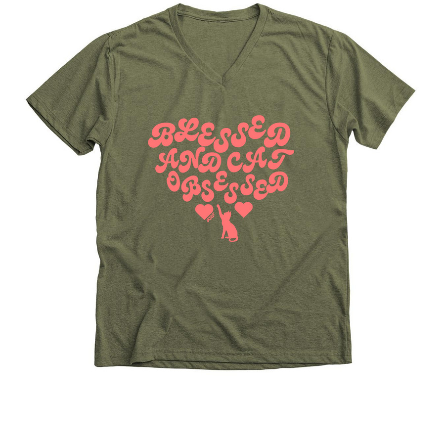 Blessed & Cat Obsessed!, a Military Green V-Neck Unisex Tee