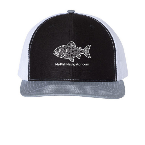 white logo, a Black/ White/ Heather Grey Printed Snapback Trucker Cap