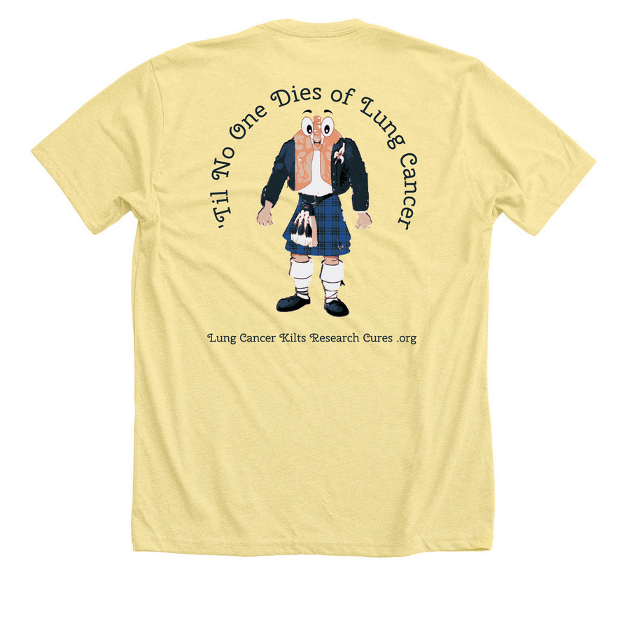 Lung Cancer Kilts Research Cures, a Heather Yellow Gold Premium Unisex Tee (back-view)