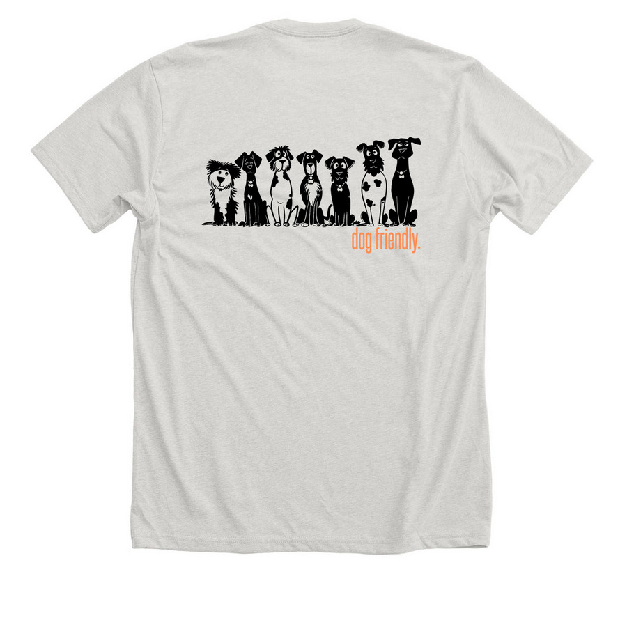 Dog Friendly, a Heather Cement Premium Unisex Tee (back-view)