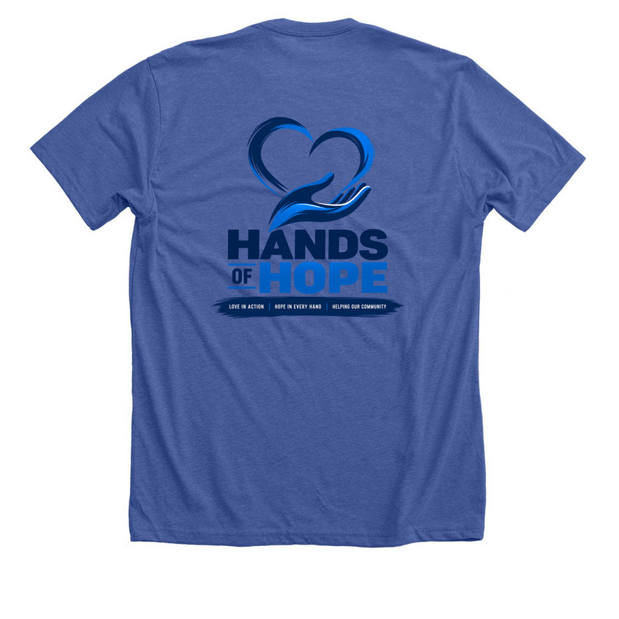 Hands of Hope, a Solid True Royal Premium Unisex Tee (back-view)