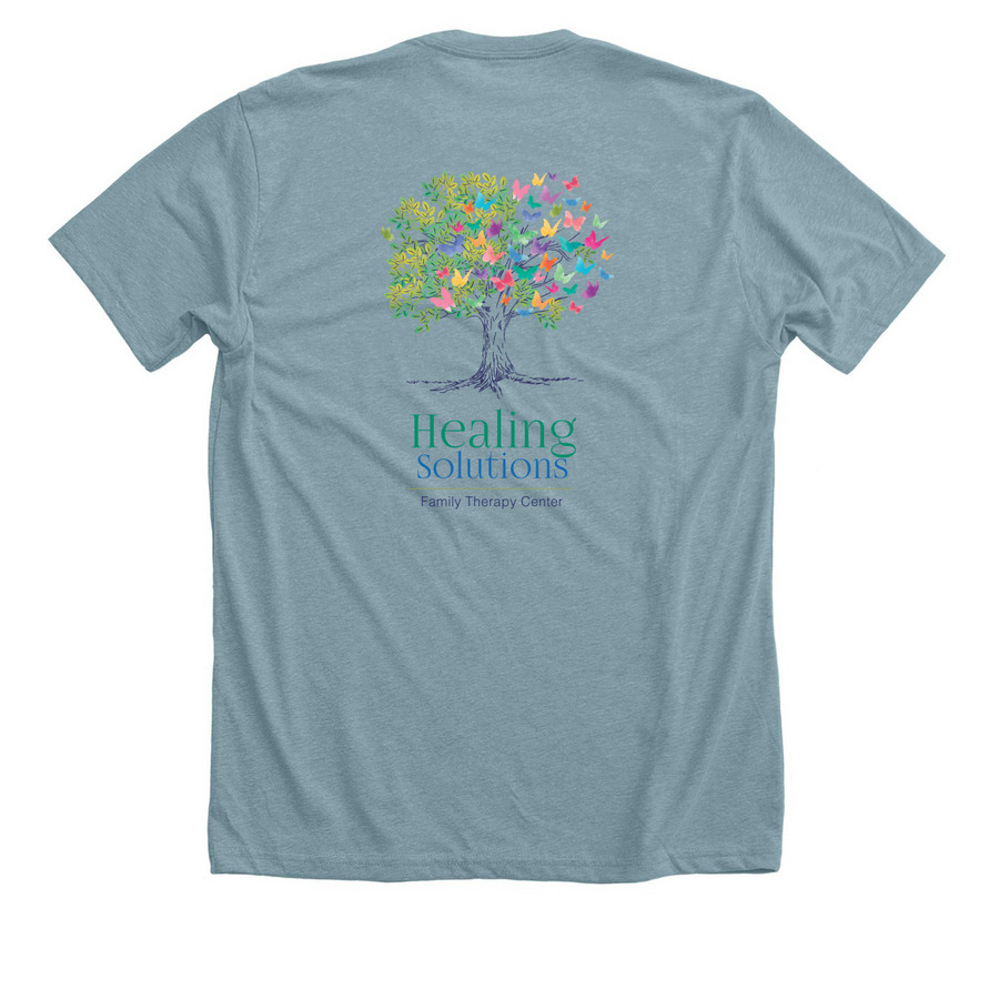 Standard Logo Apparel, a Heather Blue Lagoon Premium Unisex Tee (back-view)
