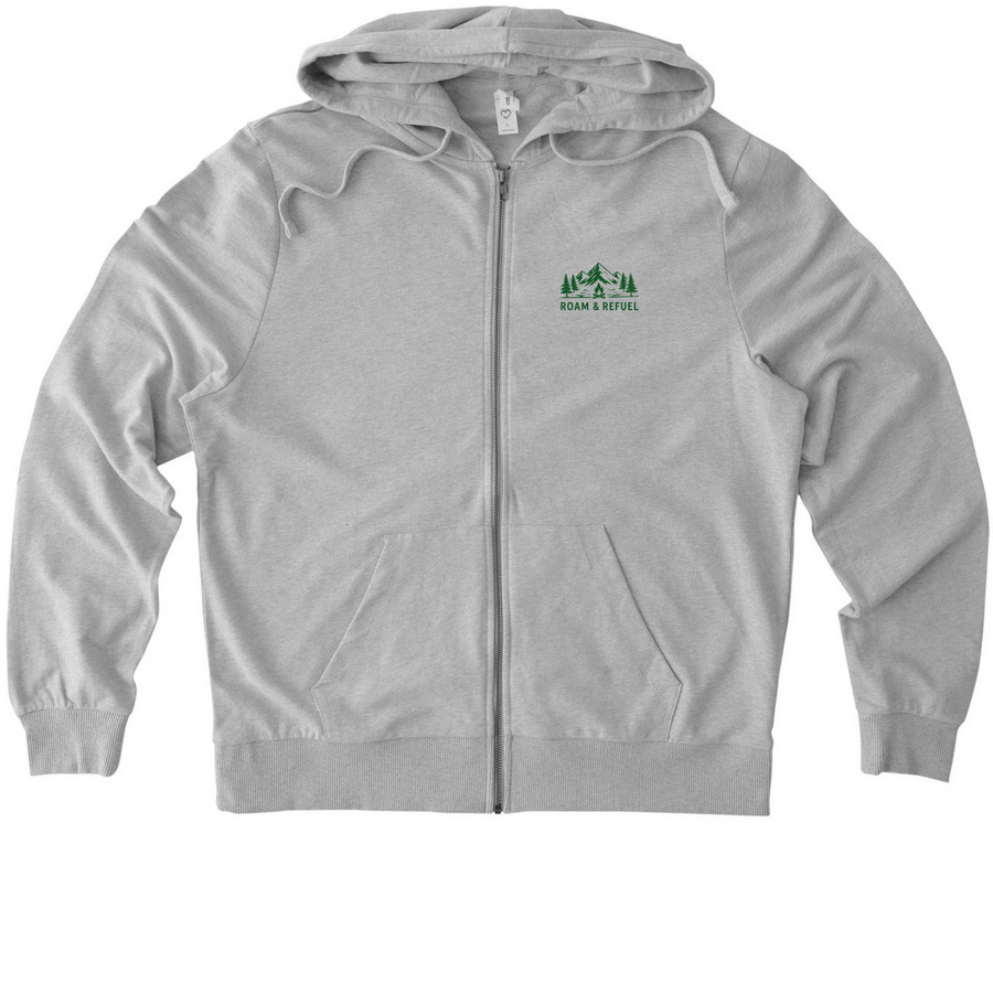 Roam & Refuel Bonfire, a Granite Grey Heather Allmade Organic French Terry Zip Up Hoodie
