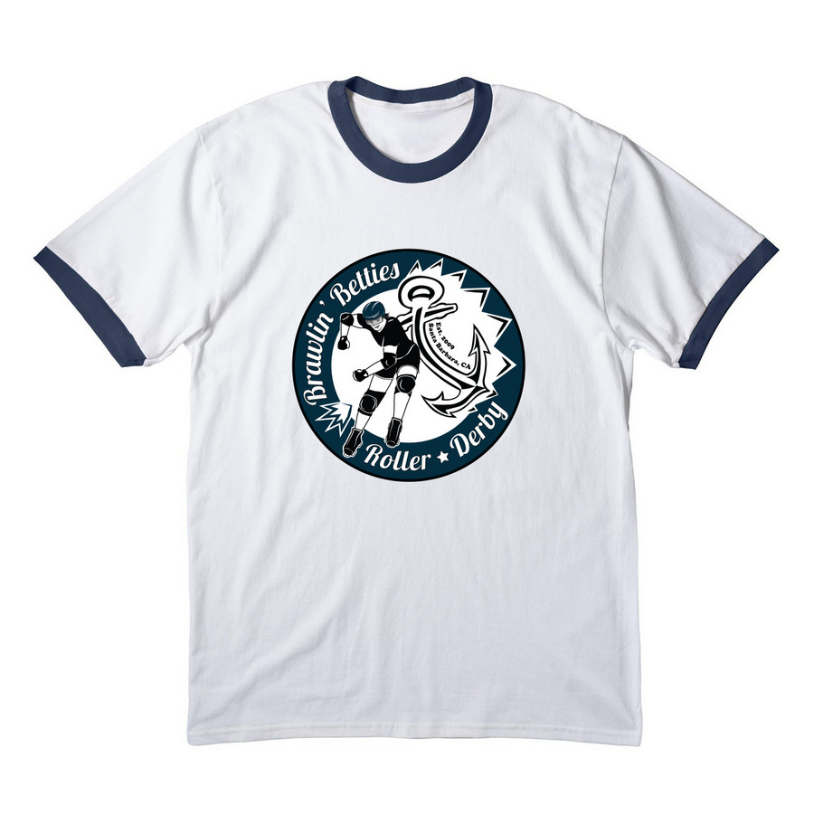 Brawlin' Betties Blocker, a White/ Navy Cotton Ringer Tee