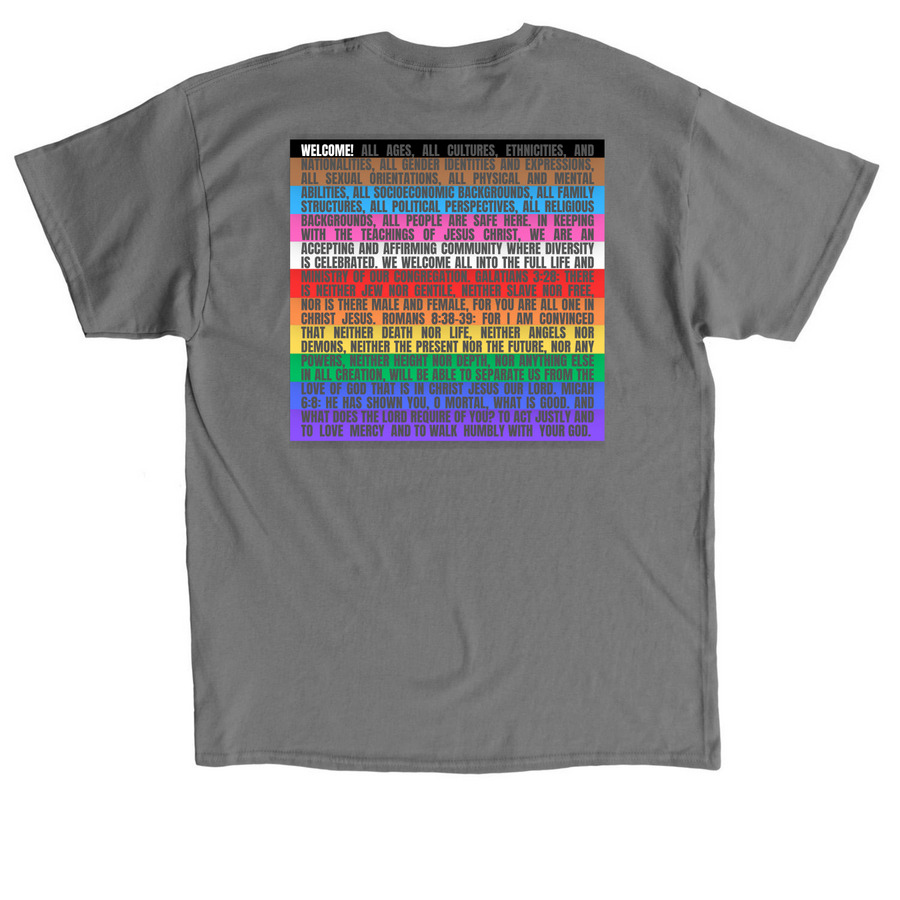 FUPC Pride Welcome design on the back, a Charcoal Classic Unisex Tee (back-view)