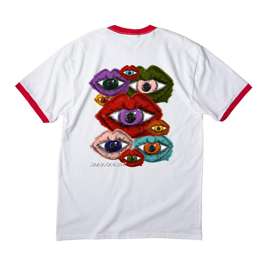 VIEVE THIRD EYE Line, a White/ Red Cotton Ringer Tee (back-view)