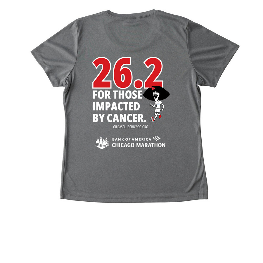 Team Gilda: 26.2, a Grey Concrete Heather Women's Performance Tee (back-view)