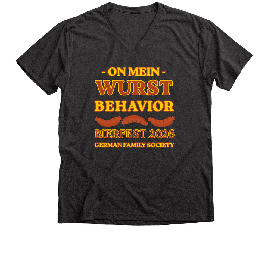 "On Mein Wurst Behavior" T-Shirt, a Dark Grey Heather Premium V-Neck Tee