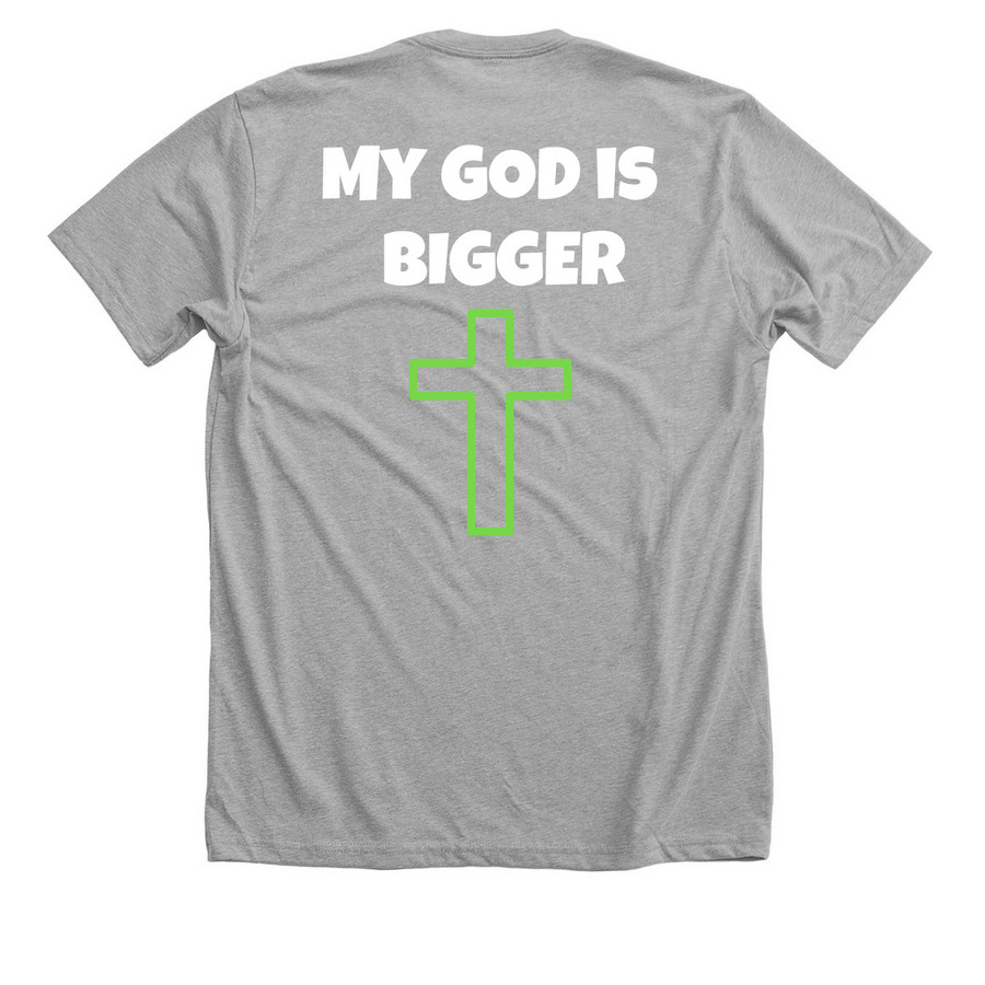 Our God is BIGGER than any diagnosis, a Athletic Heather Premium Unisex Tee (back-view)