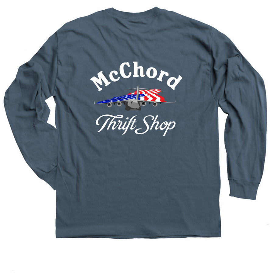 Long Sleeve Volunteer Shirt - White text, a Indigo Classic Long Sleeve Tee (back-view)