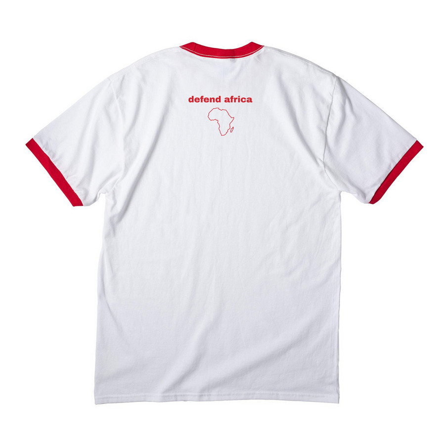 AES Defend Africa, a White/ Red Cotton Ringer Tee (back-view)