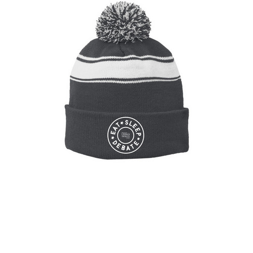 Eat Sleep Debate Pom-Pom Hat, a Iron Grey/ White Printed Stripe Pom-Pom Beanie