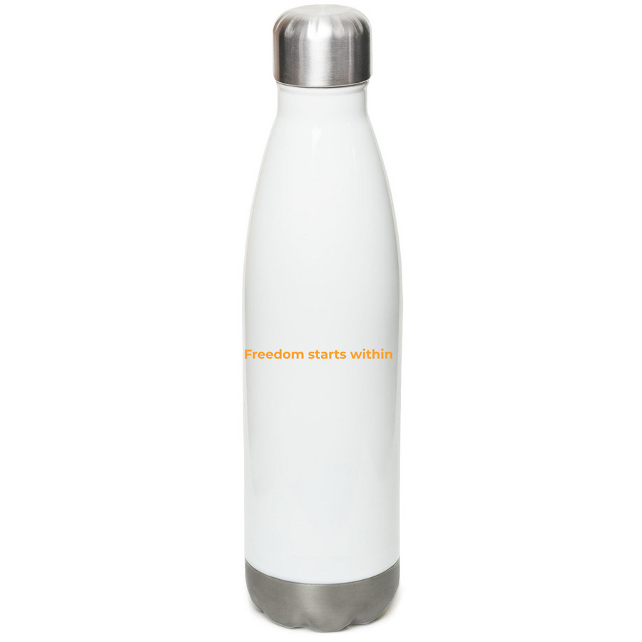 Hydrate with Freedom, a White Stainless Steel Water Bottle (back-view)