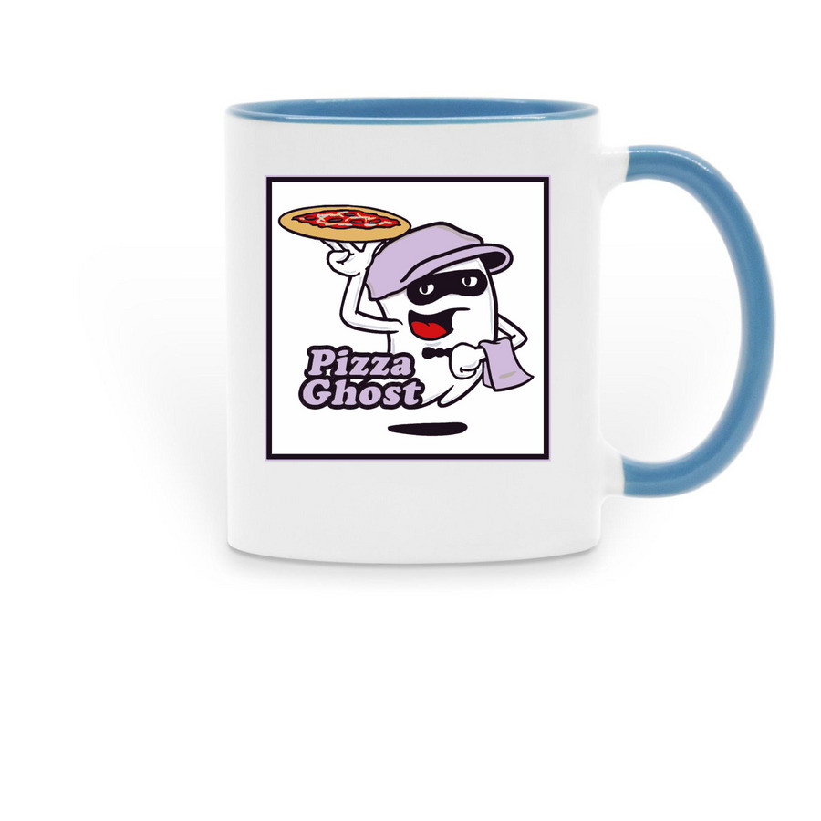 Greater Boston: Pizza Ghost Mug, a Light Blue Two-Tone Ceramic Mug