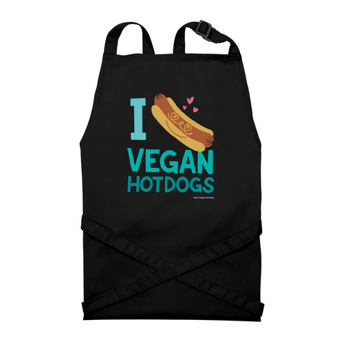 I LOVE VEGAN HOT DOGS APRON, a Black Recycled Bib Apron