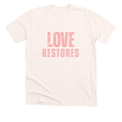 LOVE RESTORES - coral, a Heather Natural Premium Unisex Tee