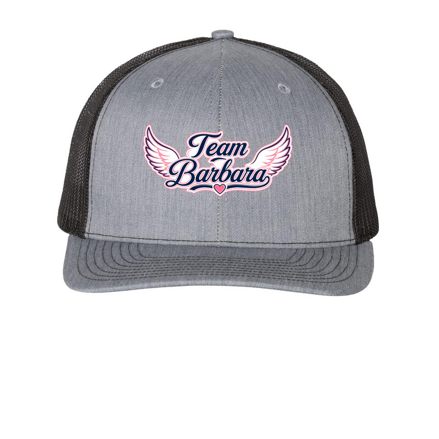 Team Barbara Hat, a Heather Grey/ Black Printed Snapback Trucker Cap