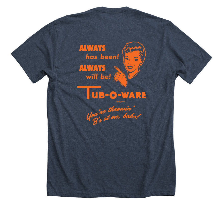 Tupperware, a Heather Midnight Navy Premium Unisex Tee (back-view)