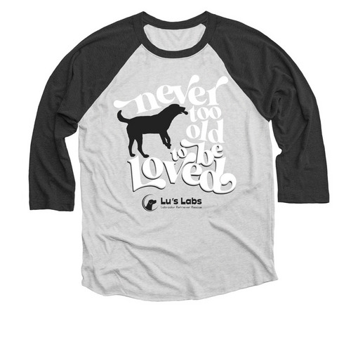Lu's Labs Senior Dog Campaign, a Black and Heather White 3/4 Sleeve Baseball Tee
