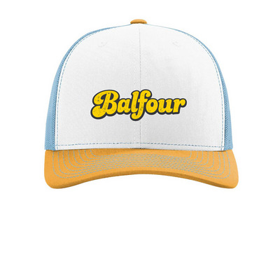 Camp Trucker Hats, a White/ Columbia Blue/ Yellow Printed Snapback Trucker Cap