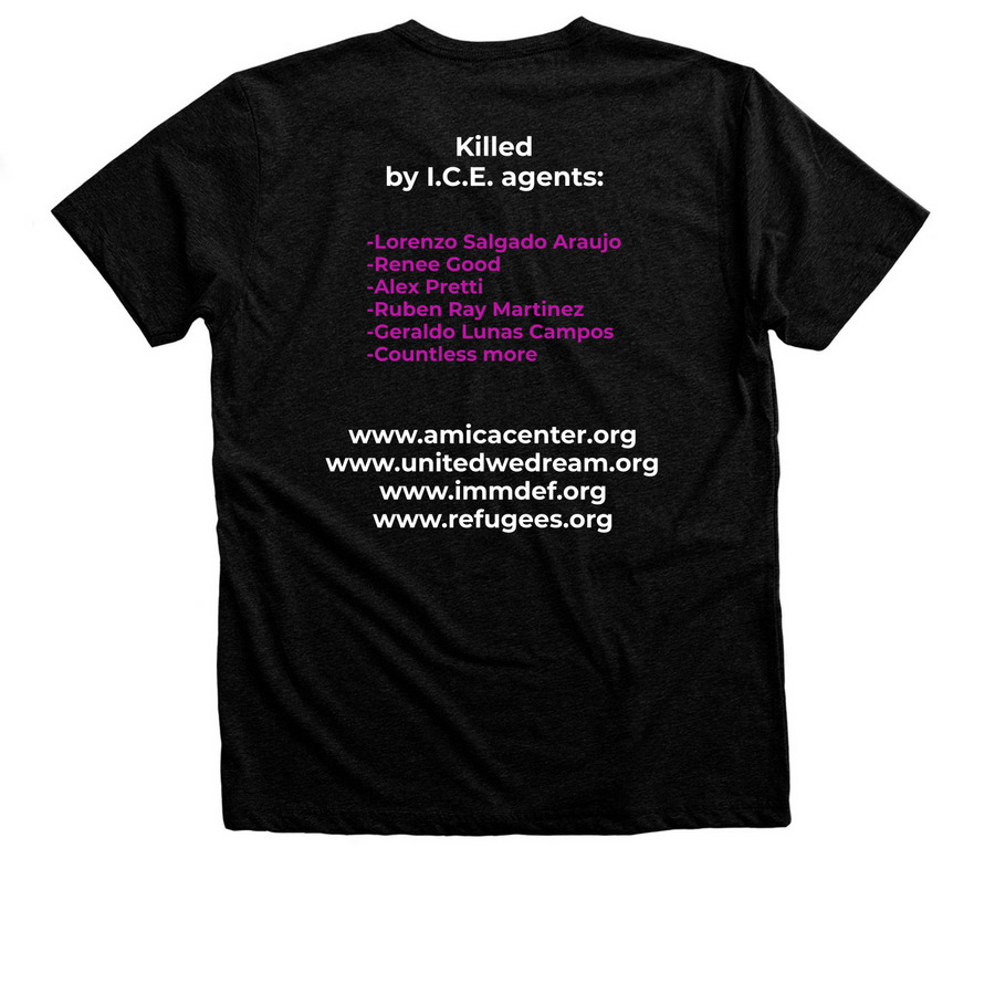 Stop ICE! Help Immigrants!, a Black Heather Premium Unisex Tee (back-view)