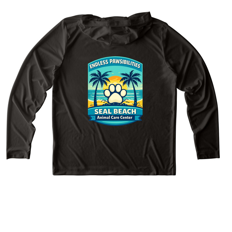 Endless Pawsibilities UV Performance Hoodie, a Black UV Performance Long Sleeve Hoodie (back-view)