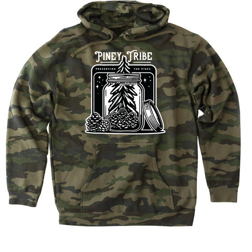 In White_Preserving the Pines, a Forest Camo Heavyweight Camo Pullover Hoodie