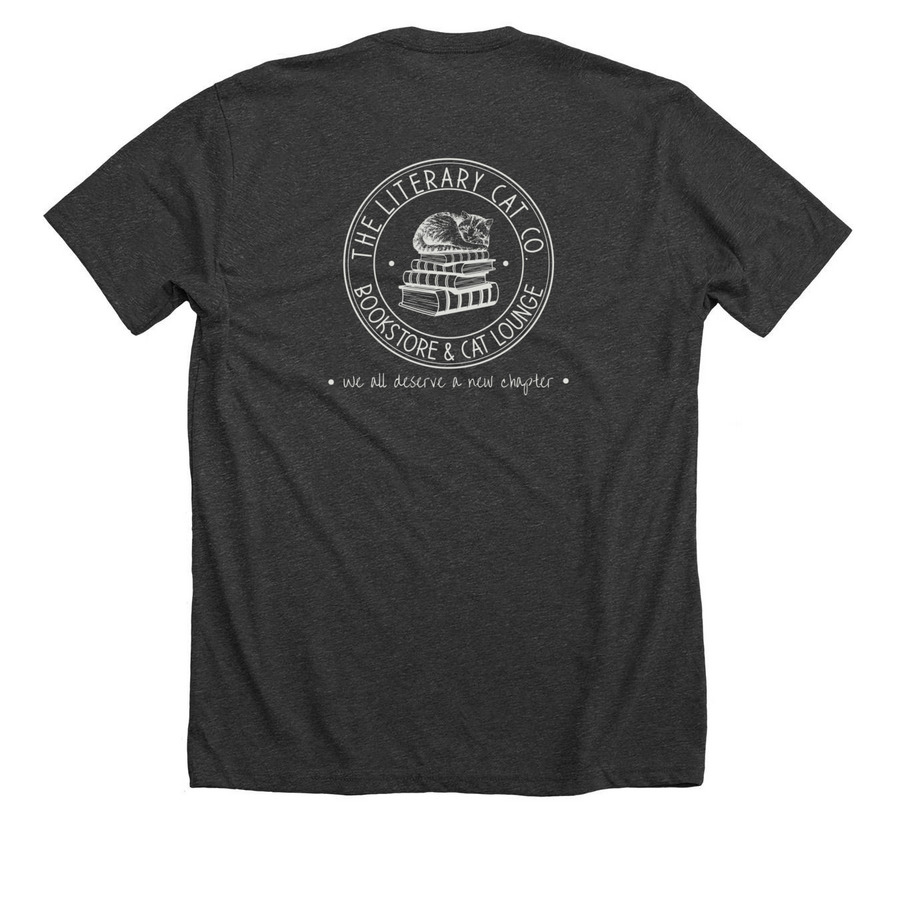 The Literary Cat Co., a Dark Grey Heather Premium Unisex Tee (back-view)