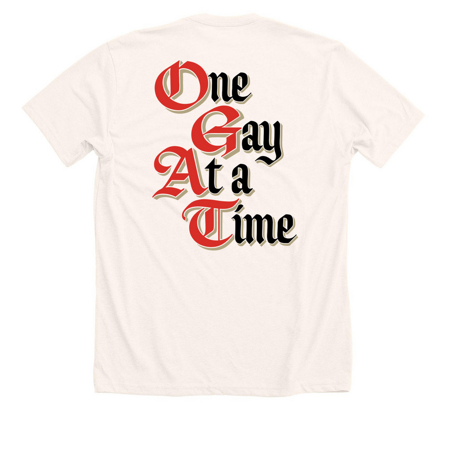 One Gay at a Time, a Heather Natural Premium Unisex Tee (back-view)
