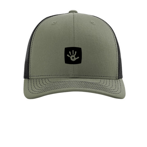 COTP Black Handprint Hats, a Loden/ Black Printed Snapback Trucker Cap