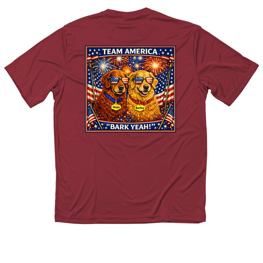 100% Polyester&nbsp;American Pups, a True Red Classic Performance Tee (back-view)