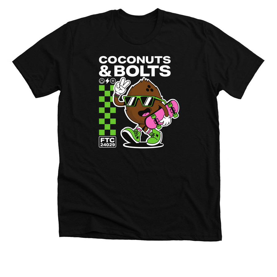 Coconuts & Bolts (Front Design), a Solid Black Blend Premium Unisex Tee