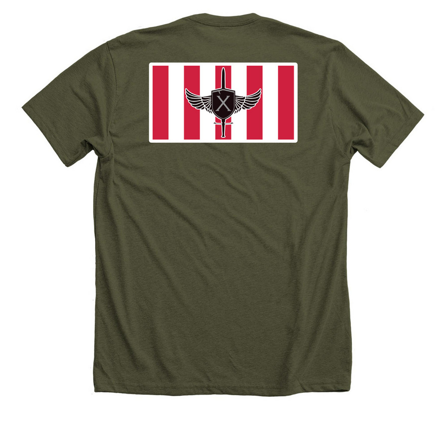 Color Flag Front / SOL Back, a Heather Military Green Premium Unisex Tee (back-view)