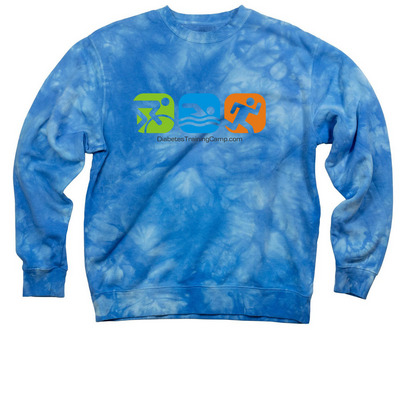 Tri Logo ("ask me about DTC" back), a Aqua Blue Tie Dye Crewneck Sweatshirt