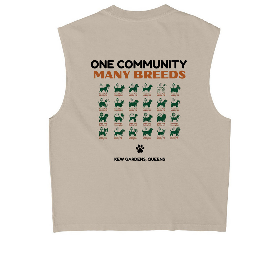 One Community, Many Breeds, a Faded Bone Heavyweight Garment Dye Muscle Tee (back-view)
