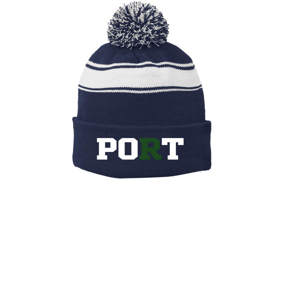 Rooting for Robbie Hat, a True Navy/ White Printed Stripe Pom-Pom Beanie