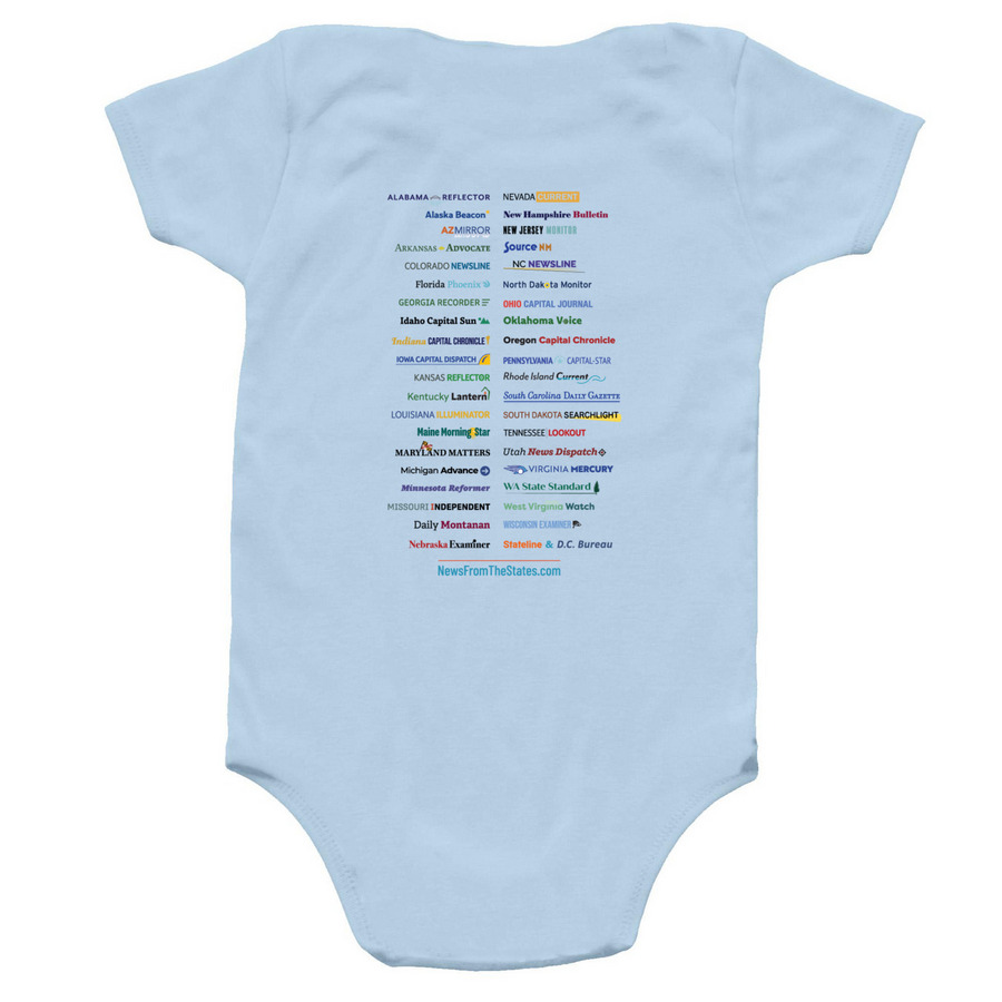 A wee bit of news, a Light Blue Infant Onesie (back-view)