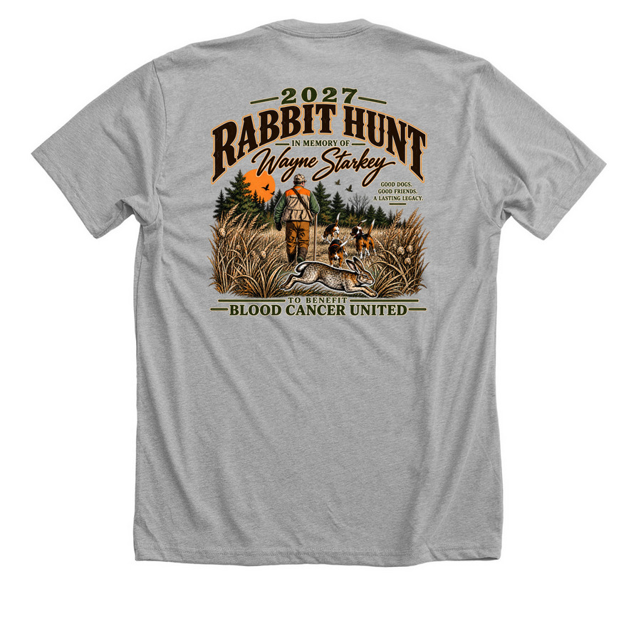 Wayne Starkey Rabbit Hunt 2027, a Athletic Heather Premium Unisex Tee (back-view)