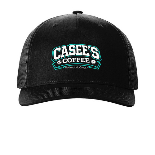 Casee?s Coffee Hat, a Black Printed Five-Panel Trucker Cap