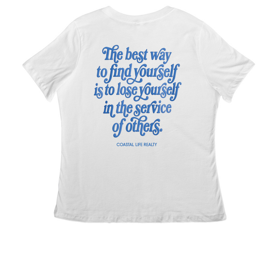 Service Beyond the Sale, a White Women's Relaxed V-Neck Tee (back-view)